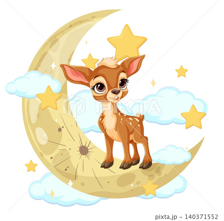Cute Baby Deer Standing on Crescent Moon with Stars 140371552