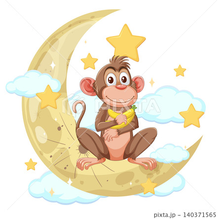 Cartoon Monkey Sitting on Crescent Moon with Stars Cartoon Monkey Sitting on Crescent Moon with Stars 140371565