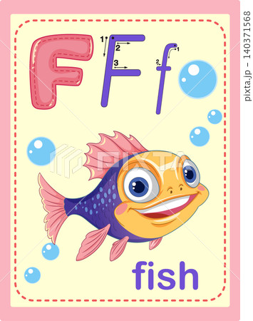 Educational Alphabet Flashcard for Letter F with Cartoon Fish Illustration Educational Alphabet Flashcard for Letter F with Cartoon Fish Illustration 140371568