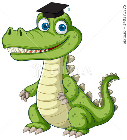 Cartoon Crocodile Character Wearing a Black Graduation Cap Illustration 140371575