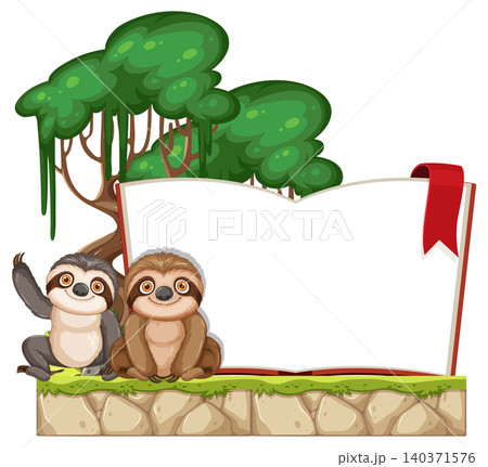 Two Cartoon Sloths Beside Open Book in Forest Setting Two Cartoon Sloths Beside Open Book in Forest Setting 140371576