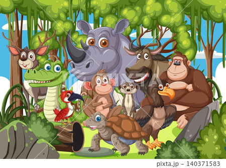 Group of Cartoon Jungle Animals in Forest Setting 140371583