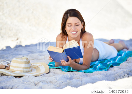 Relax, beach and woman reading a book, summer and weekend break with travelling and vacation. Person, seaside and girl with literature or hobby with holiday or freedom with novel or story with nature Relax, beach and woman reading a book, summer and weekend break with travelling and vacation. Person, seaside and girl with literature or hobby with holiday or freedom with novel or story with nature 140372083