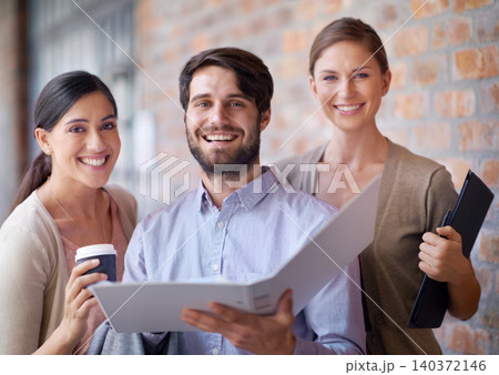 Portfolio, teamwork or portrait of happy people in office for planning, partnership or conversation. Man, smile or women in meeting for business, collaboration and speaking of file or reading folder Portfolio, teamwork or portrait of happy people in office for planning, partnership or conversation. Man, smile or women in meeting for business, collaboration and speaking of file or reading folder 140372146