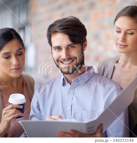 Portfolio, teamwork or portrait of employees in office for planning, partnership or conversation. Man, women or people in meeting for business, collaboration and speaking of file or reading folder Portfolio, teamwork or portrait of employees in office for planning, partnership or conversation. Man, women or people in meeting for business, collaboration and speaking of file or reading folder 140372149
