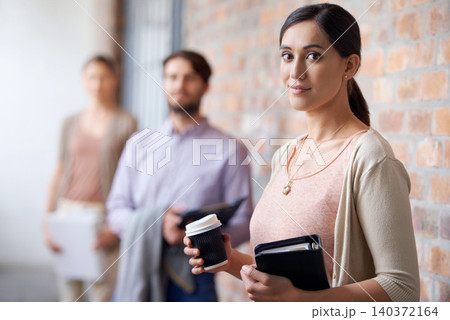 Notebook, office and portrait of businesswoman by building with colleagues, collaboration and teamwork. Professional people, work and face of confident woman with pride for startup, job or career 140372164