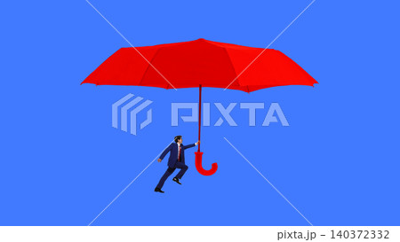 Tiny businessman holding giant red umbrella on blue background. Tiny businessman holding giant red umbrella on blue background. 140372332