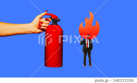 Fire extinguisher with tiny businessman facing flame on blue background. 140372350