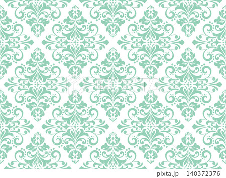 Wallpaper in the style of Baroque. White and green floral ornament. Seamless vector background. Graphic pattern for fabric, wallpaper, packaging. Ornate Damask flower illustration Wallpaper in the style of Baroque. White and green floral ornament. Seamless vector background. Graphic pattern for fabric, wallpaper, packaging. Ornate Damask flower illustration 140372376