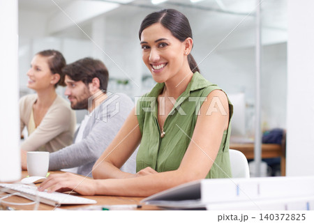 Creative, coworking space and portrait of woman in office with keyboard, typing and admin at small business. Computer, desk and happy consultant, planner or professional writing email communication 140372825
