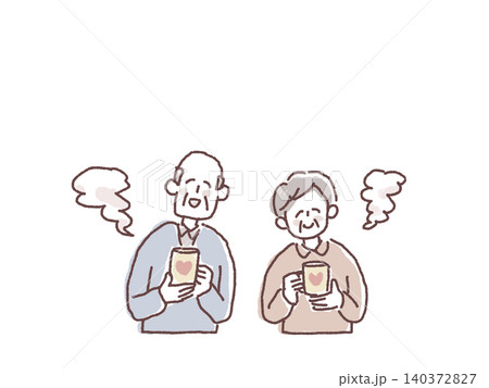 お茶を飲んでほっと一息つく高齢夫婦の人物イラストD 140372827