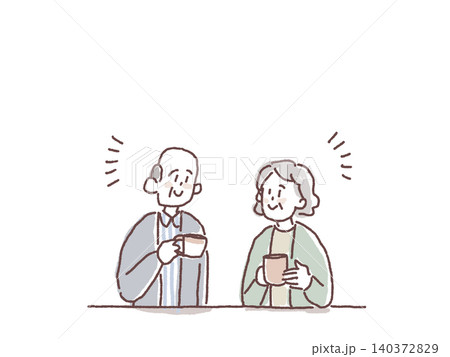 お茶を飲んでほっと一息つく高齢夫婦の人物イラストB 140372829