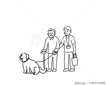 高齢者と看護師（介護士）、犬のある暮らし、線画 140372836