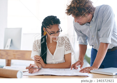 Creative, advice and blueprint with man, woman and teamwork for project planning in office. Business people, paperwork and happy designer with floor plan for collaboration at architecture agency. 140372921