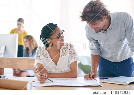 Creative, coworking space and blueprints with man, woman and teamwork for project planning in office. Business people, paperwork and happy designer floor plan for collaboration at architecture agency 140372923