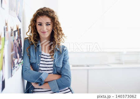 Smile, crossed arms and portrait of woman in office planning project with vision board. Happy, career and confident professional female designer working on creative startup business in workplace. Smile, crossed arms and portrait of woman in office planning project with vision board. Happy, career and confident professional female designer working on creative startup business in workplace. 140373062