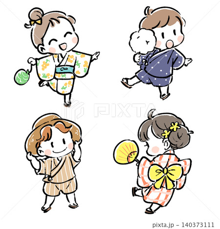 浴衣を着て夏祭りに行く子どもたち 浴衣を着て夏祭りに行く子どもたち 140373111