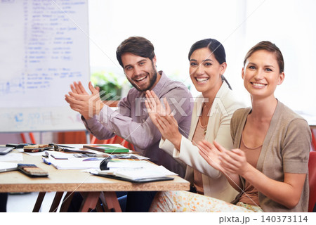Colleagues, portrait and applause with happiness for success, growth and achievements for team at staff meeting. Business, people and clapping for good feedback, targets and cheering for employees Colleagues, portrait and applause with happiness for success, growth and achievements for team at staff meeting. Business, people and clapping for good feedback, targets and cheering for employees 140373114