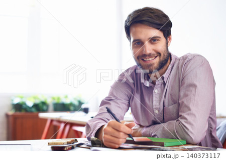 Male person, writer and notes for book, portrait and company in startup and creative plan. Man, business and journalist for author, paperwork and career with smile, happy and entrepreneur workspace Male person, writer and notes for book, portrait and company in startup and creative plan. Man, business and journalist for author, paperwork and career with smile, happy and entrepreneur workspace 140373117