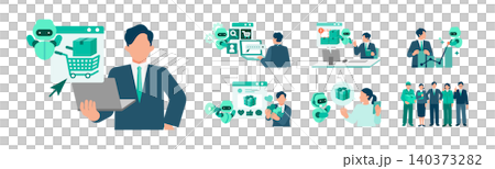 A set of illustrations illustrating the digital transformation of e-commerce, utilizing AI and cloud technologies. A set of illustrations illustrating the digital transformation of e-commerce, utilizing AI and cloud technologies. 140373282