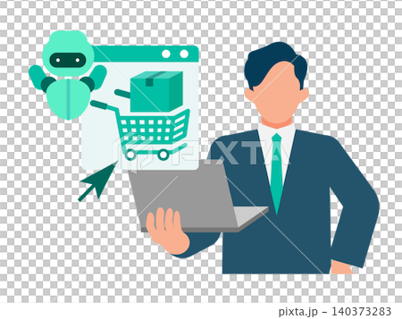 パソコンを手にAI技術を駆使してEコマース市場の競争へ戦略的に挑むビジネスマンのイラスト パソコンを手にAI技術を駆使してEコマース市場の競争へ戦略的に挑むビジネスマンのイラスト 140373283