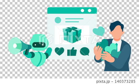 An illustration showing how AI-powered social media marketing strategies can attract a lot of attention and likes to e-commerce products. 140373285