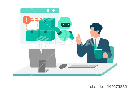 クラウドやAIのデータ分析を活用して在庫切れの通知を受け取り楽に在庫管理をするビジネスマンのイラスト クラウドやAIのデータ分析を活用して在庫切れの通知を受け取り楽に在庫管理をするビジネスマンのイラスト 140373286