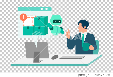 クラウドやAIのデータ分析を活用して在庫切れの通知を受け取り楽に在庫管理をするビジネスマンのイラスト クラウドやAIのデータ分析を活用して在庫切れの通知を受け取り楽に在庫管理をするビジネスマンのイラスト 140373286