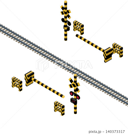 踏切設備と線路のアイソメトリックイラスト。鉄道インフラ・交通安全素材 踏切設備と線路のアイソメトリックイラスト。鉄道インフラ・交通安全素材 140373317