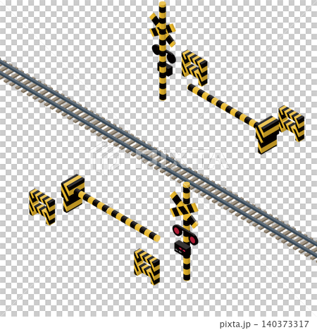踏切設備と線路のアイソメトリックイラスト。鉄道インフラ・交通安全素材 踏切設備と線路のアイソメトリックイラスト。鉄道インフラ・交通安全素材 140373317
