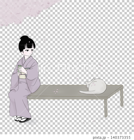 春假期間,一位穿著和服的女子在長椅上與一隻貓一起品嚐茶。 春假期間,一位穿著和服的女子在長椅上與一隻貓一起品嚐茶。 140373355