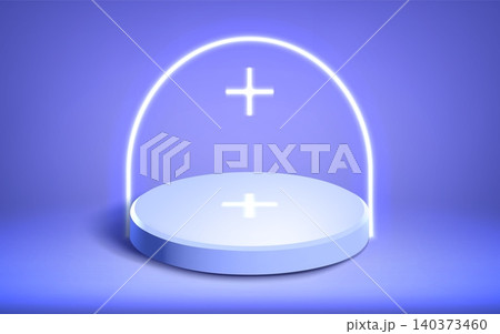 Medical podium with glowing cross icon on blue Medical podium with glowing cross icon on blue 140373460