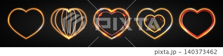Realistic set of golden neon hearts glowing 140373462