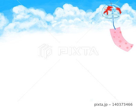 入道雲と青い空をバックにゆらゆらと揺れる風鈴が右側に入った背景素材イラスト 入道雲と青い空をバックにゆらゆらと揺れる風鈴が右側に入った背景素材イラスト 140373466