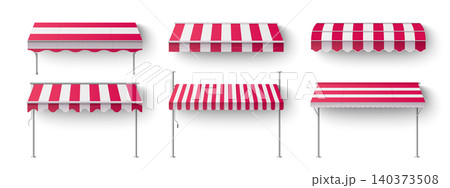 Classic store marquee roof, red striped awning 140373508