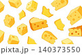 Pattern of floating swiss cheese cubes and wedges with floating illustration background ingredient culinary isolated appetizer nutrition multiple scattered delicious snacking component 140373550