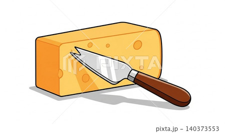 Block of swiss cheese with metal slicer knife illustration emmental ingredient culinary illustration isolated background appetizer Block of swiss cheese with metal slicer knife illustration emmental ingredient culinary illustration isolated background appetizer 140373553