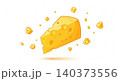 Large wedge of swiss cheese with floating small chunks ingredient emmental appetizer illustration isolated background floating fragment triangular culinary 140373556
