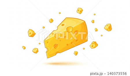 Large wedge of swiss cheese with floating small chunks ingredient emmental appetizer illustration isolated background floating fragment triangular culinary Large wedge of swiss cheese with floating small chunks ingredient emmental appetizer illustration isolated background floating fragment triangular culinary 140373556