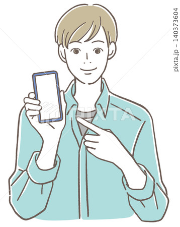 携帯電話の画面を指さす男性 携帯電話の画面を指さす男性 140373604
