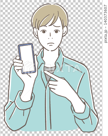A man with a troubled expression points to his cell phone screen. 140373607