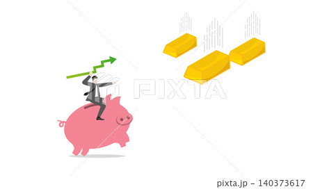Businessman riding pink piggy bank throwing green growth arrow graph to catch falling gold bars from sky, financial investment strategy precious metal and wealth hunting concept Businessman riding pink piggy bank throwing green growth arrow graph to catch falling gold bars from sky, financial investment strategy precious metal and wealth hunting concept 140373617