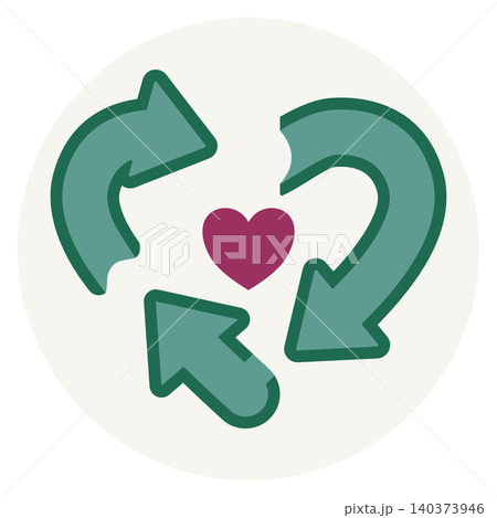Minimalist flat vector illustration of a green recycling symbol forming a heart shape on a beige circle. Minimalist flat vector illustration of a green recycling symbol forming a heart shape on a beige circle. 140373946