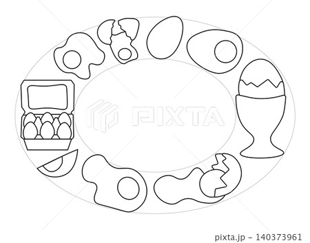 Egg whole fried, boiled, fresh oval frame. Egg template hand drawn illustration. Vector Black and white graphic line art. Perfect for cafe logo, branding, packaging, labels, and modern Egg whole fried, boiled, fresh oval frame. Egg template hand drawn illustration. Vector Black and white graphic line art. Perfect for cafe logo, branding, packaging, labels, and modern 140373961