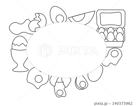 Egg whole fried, boiled, fresh oval frame. Egg template hand drawn illustration. Vector Black and white graphic line art. Perfect for cafe logo, poster, invitation, backdrop, sale promotion Egg whole fried, boiled, fresh oval frame. Egg template hand drawn illustration. Vector Black and white graphic line art. Perfect for cafe logo, poster, invitation, backdrop, sale promotion 140373962