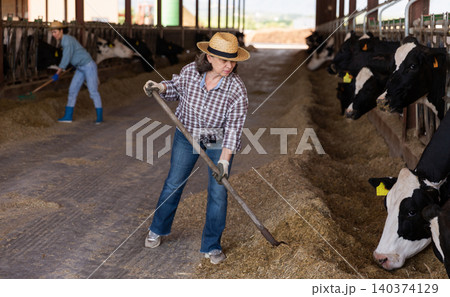 Portrait of active female employee working in cowshed Portrait of active female employee working in cowshed 140374129