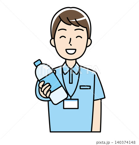 笑顔でペットボトルを差し出すポロシャツの男性のイラスト 140374148