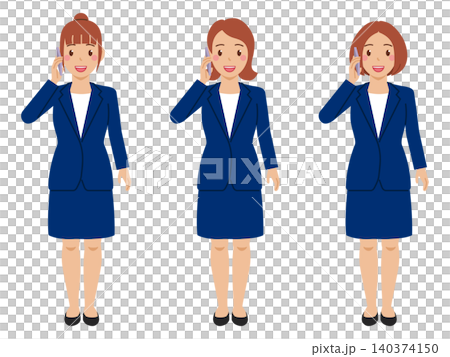 [Full body] A young woman in a t-shirt and navy skirt suit making a phone call on her smartphone. 140374150