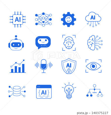 人工知能関連の線画アイコンセット　青 140375227