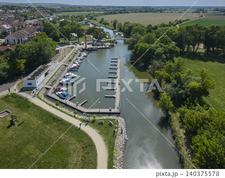 Petrov port on Luzice navigation canal with boats Petrov port on Luzice navigation canal with boats 140375578